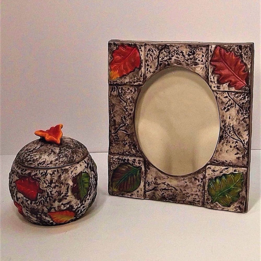 Hand Made & Paint Autumn Theme Ceramic Picture Frame & Matching Trinket with Lid